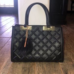 ALDO Black Purse w/ Gold Chain & Black Fur Ball